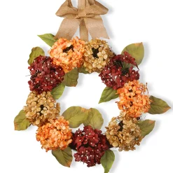National Tree Company 24 in. Fall Wreath with Hydrangeas, Elm Leaves, Burlap Ribbon