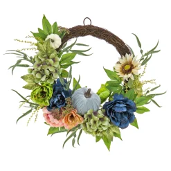 National Tree Company 22 in. Fall Wreath with Mixed Leaves, Hydrangea, Peony and Pumpkin