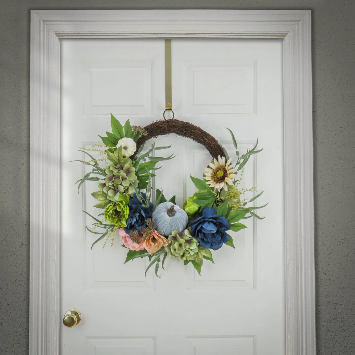 National Tree Company 22 in. Fall Wreath with Mixed Leaves, Hydrangea, Peony and Pumpkin