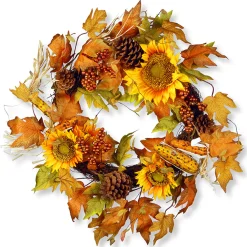 National Tree Company 24 in. Fall Wreath with Sunflowers, Pinecones, Berry Clusters, Corncobs, Maple Leaves