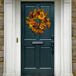 National Tree Company 24 in. Fall Wreath with Sunflowers, Pinecones, Berry Clusters, Corncobs, Maple Leaves