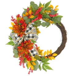 National Tree Company 24 in. Fall Wreath with Twig, Dahlia, Eucalyptus and Bow