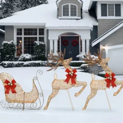 National Tree Company 42 in. Glittered Mesh Fabric Deer with 27 in. Sleigh and Lights