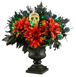 National Tree Company 20 in. Halloween Boo-tiful Urn with Orange Florals and White Skull, LED Lights
