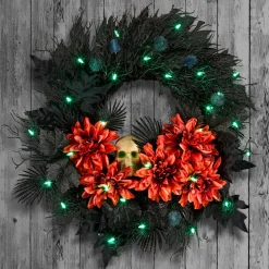 National Tree Company 24 in. Halloween Boo-tiful Wreath with Orange Florals and White Skull, LED Lights