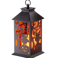 National Tree Company 12 in. Halloween Carved Images of Owls Pumpkins Leafless Trees Lantern with LED Lights