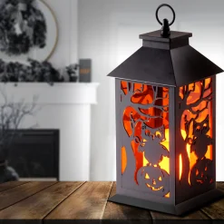 National Tree Company 12 in. Halloween Carved Images of Owls Pumpkins Leafless Trees Lantern with LED Lights