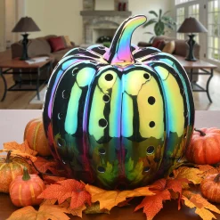 National Tree Company 12 in. Halloween Ceramic Iridescent Purple Pumpkin with Multi Color LED Lights