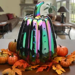 National Tree Company 14 in. Halloween Ceramic Iridescent Purple Pumpkin with Multi Color Lights