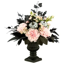National Tree Company 17 in. Halloween Pretty Morbid Pink Carnation Centerpiece with Black Pedestal Urn, Velvet Pumpkins