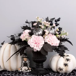 National Tree Company 17 in. Halloween Pretty Morbid Pink Carnation Centerpiece with Black Pedestal Urn, Velvet Pumpkins