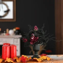 National Tree Company 18 in. Halloween Rose Flowers Plant Decoration in a Black Urn