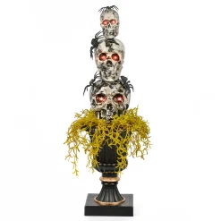 National Tree Company 32 in. Halloween Skull Tower with Spiders Tabletop Decoration in a Black Urn
