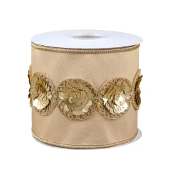 National Tree Company 4 in. HGTV Home Collection Sequin Beaded Taffeta Ribbon, Beige