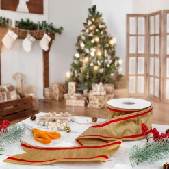 National Tree Company 3 in. HGTV Home Collection Dupioni Double-Sided Ribbon, Gold & Red