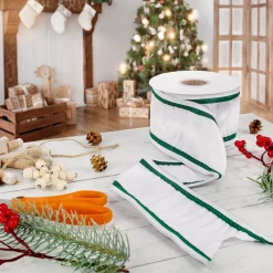 National Tree Company 3 in. HGTV Home Collection Dupioni Double-Sided Ribbon, White & Green