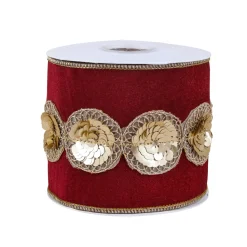 National Tree Company 4 in. HGTV Home Collection Sequin Beaded Velour Velvet Ribbon, Burgundy