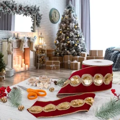 National Tree Company 4 in. HGTV Home Collection Sequin Beaded Velour Velvet Ribbon, Burgundy