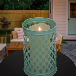 National Tree Company 12 in. Modern Design and Finish Gossamer Green Outdoor Lantern Candleholder