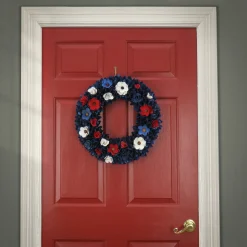 National Tree Company 20 in. Patriotic Wreath Decoration with Red, White and Blue Flower Blooms, Blue Petals