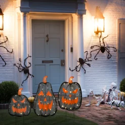 National Tree Company 35 in. 3-Piece Halloween Pre-Lit Menacing Jack O Lantern Trio with LED Lights