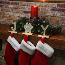 National Tree Company 5 in. 3-Piece Silver Sparkle JOY Christmas Stocking Holders, Silver and Gold with Paw Print