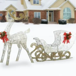 National Tree Company 48 in. Pre Lit Sisal Reindeer and Sleigh Decoration with Cool White LED Lights