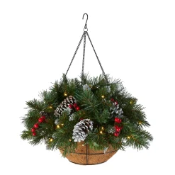 National Tree Company 20 in. Pre-Lit Frosted Berry Hanging Basket with LED Lights