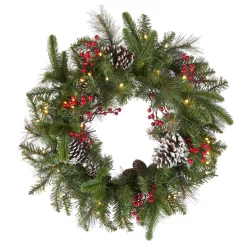 National Tree Company 24 in. Pre-Lit Bristle Berry Wreath with LED Lights