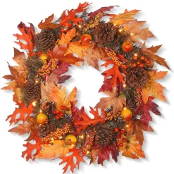 National Tree Company 24 in. Pre-Lit Fall Wreath with Gourds, Pinecones, Maple Leaves, Berry Clusters and Lights