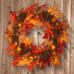 National Tree Company 24 in. Pre-Lit Fall Wreath with Gourds, Pinecones, Maple Leaves, Berry Clusters and Lights