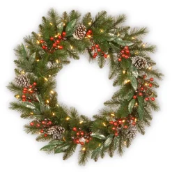National Tree Company 24 in. Pre-Lit Frosted Pine Berry Wreath with LED Lights