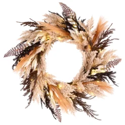 National Tree Company 26 in. Pre-Lit Halloween Orange and Black Pampas Wreath with LED Lights