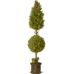 National Tree Company 72 in. Pre-Lit Juniper Cone and Ball Topiary Tree in a Black Square Pot with Clear Lights