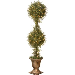National Tree Company 60 in. Pre-Lit Mini Tea Leaf 2 Ball Topiary in a Gold Urn with Clear Lights
