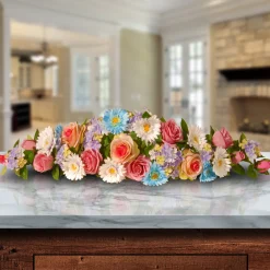 National Tree Company 33 in. Spring Blue & Pink Swag Rose, Gerbera & Hyrangea Flowers Swag