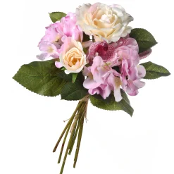 National Tree Company 13 in. Spring Floral Bouque with Purple Roses and White Orchid Blooms, Leafy Greens