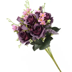 National Tree Company 19 in. Spring Floral Bouquet with Deep Purple Rose Blooms, Pink Flowers, Seed Pods, Leafy Greens