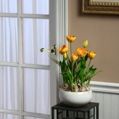 National Tree Company 18 in. Spring Flower Potted Plant with Yellow Tulips, Vibrant Green Stems, Fern Fronds in a Stylish Ceramic Pot Base