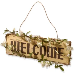 National Tree Company 21 in. Spring Hanging Welcome Sign, Lightweight Wooden Construction with Leafy Vine Trim