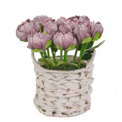 National Tree Company 10 in. Spring Light Purple Peony Flower Bouquet in White Basket