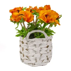 National Tree Company 10 in. Spring Orange Anemone Flower Bouquet in White Basket