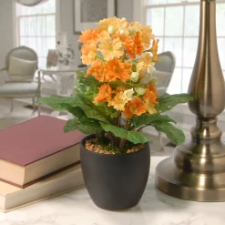 National Tree Company 12 in. Spring Orange Flower Blooms Potted Plant in Black Ceramic Pot