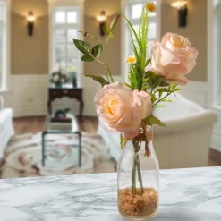 National Tree Company 13 in. Spring Peach Roses Flower Bouquet in Glass Vase with Leafy Greens