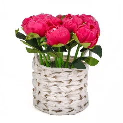 National Tree Company 10 in. Spring Pink Peony Flower Bouquet in White Basket