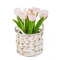 National Tree Company 10 in. Spring Pink Tulip Bouquet in White Basket