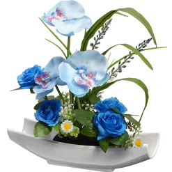 National Tree Company 15 in. Spring Potted White Orchid and Blue Roses Flower Pot with Leafy Greens