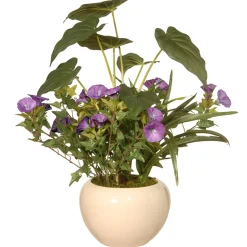 National Tree Company 18 in. Spring Purple Flower Blooms Potted Plant in a Cream Ceramic Pot