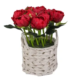 National Tree Company 10 in. Spring Red Peony Flower Bouquet in White Basket