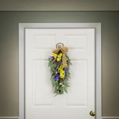 National Tree Company 26 in. Spring Teardrop Wall Hanging Decoration with Pansy Blooms, Lavender, Assorted Blossoms, Flowing Green Stems